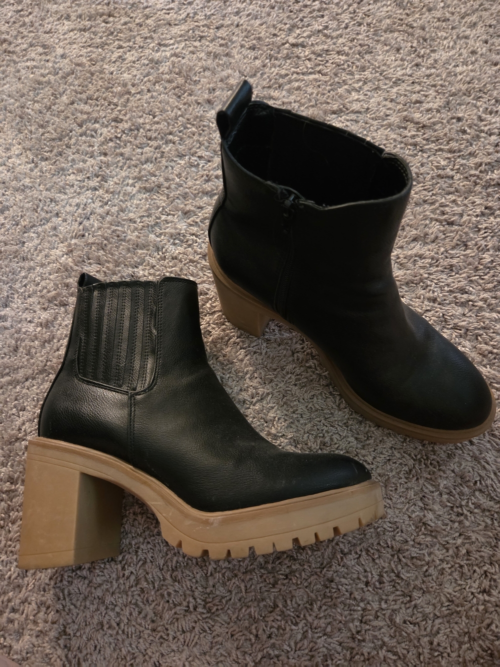 Black Leather-Look Block Heel Chelsea Boot with Tan Lug Sole